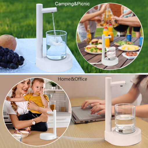 A sleek, modern automatic water bottle dispenser for a desk or countertop.