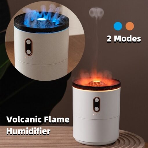 A white volcanic flame aroma diffuser emitting a soft, orange glow.